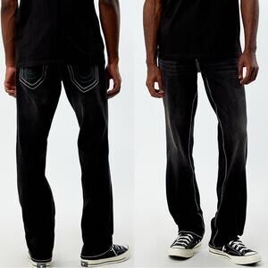 NEW TRUE RELIGION MENS Black White Ricky Relaxed Straight Leg Denim Jeans 30